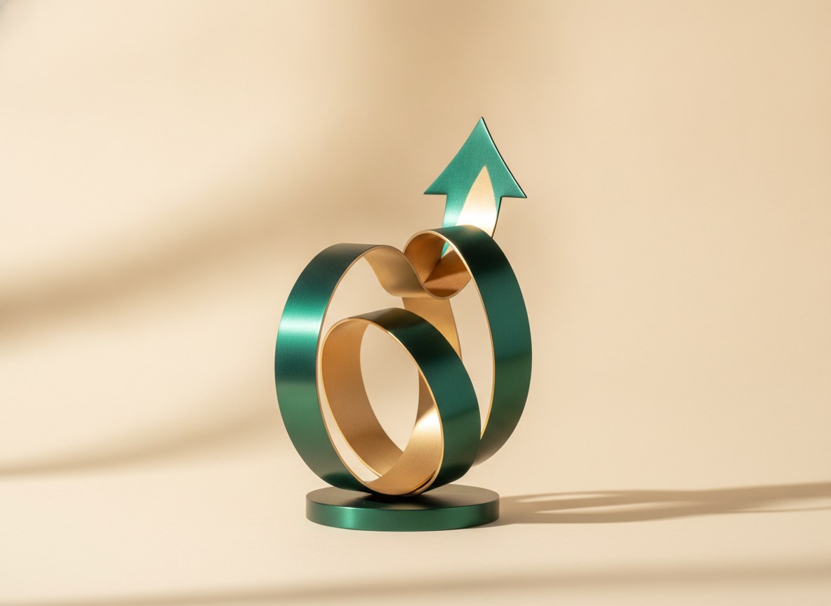 Aufwärts gerichtete Rendite-Skulptur in Emerald und Gold als Sinnbild für den steigenden ROI eines KI-Voice-Agents