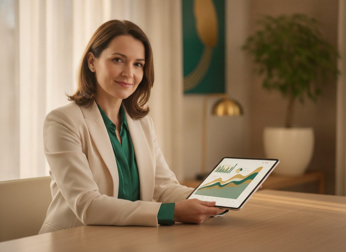 Unternehmer prüft am Tablet die positiven Ergebnisse und die Rendite seines KI-Voice-Agents